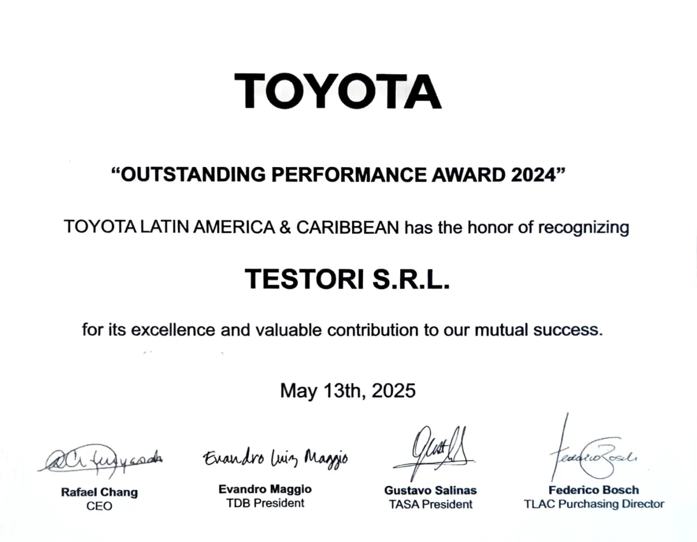 Mayo  2025, TOYOTA Outstanding Performance Award