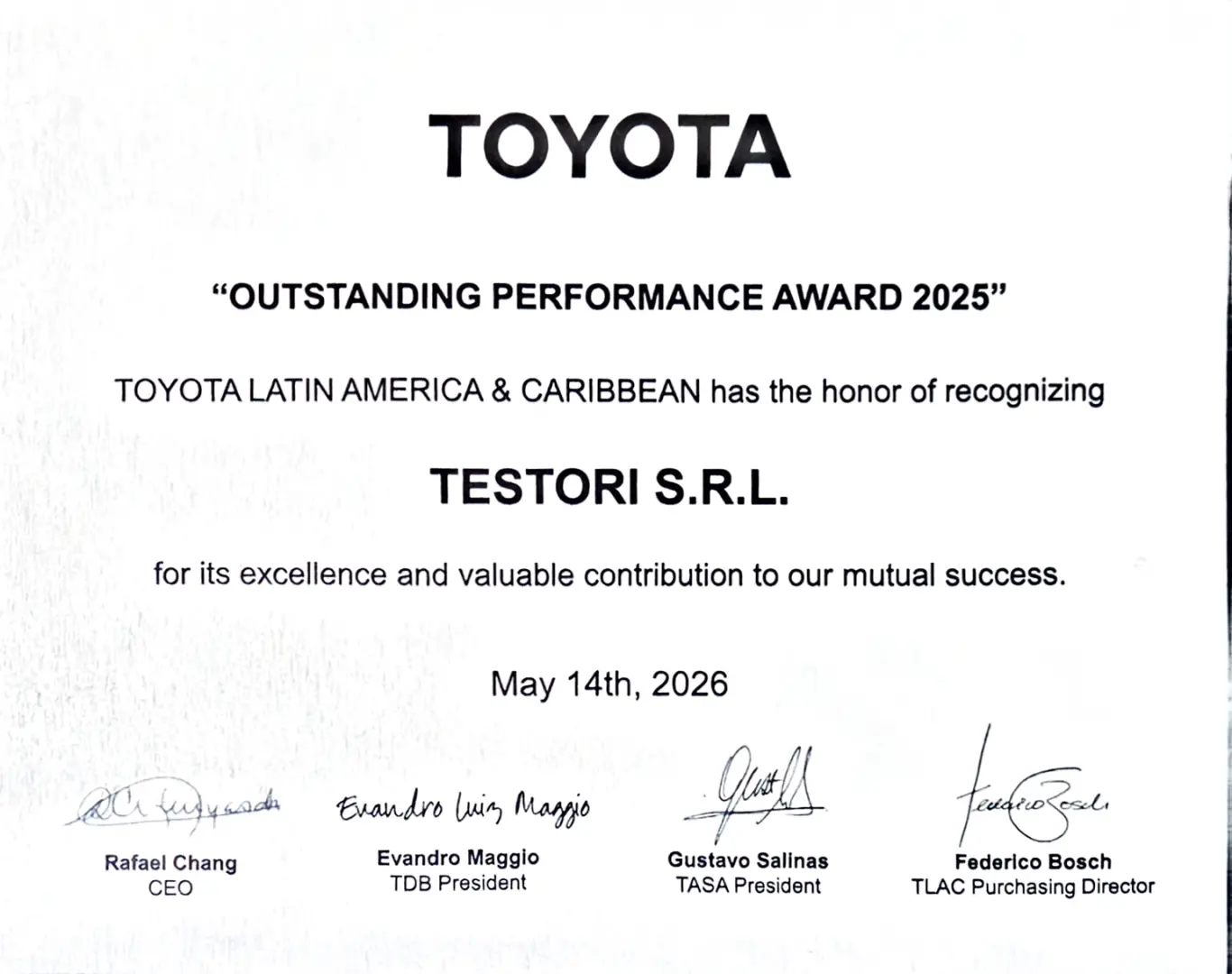 Mayo  2026, TOYOTA Outstanding Performance Award 2025